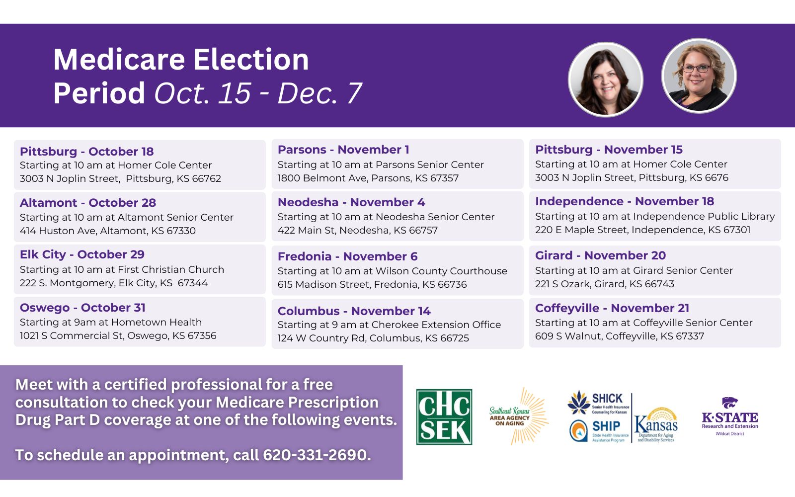 Medicare Election Period showcasing dates, times and locations that consultations are available in the Wildcat District Counties.